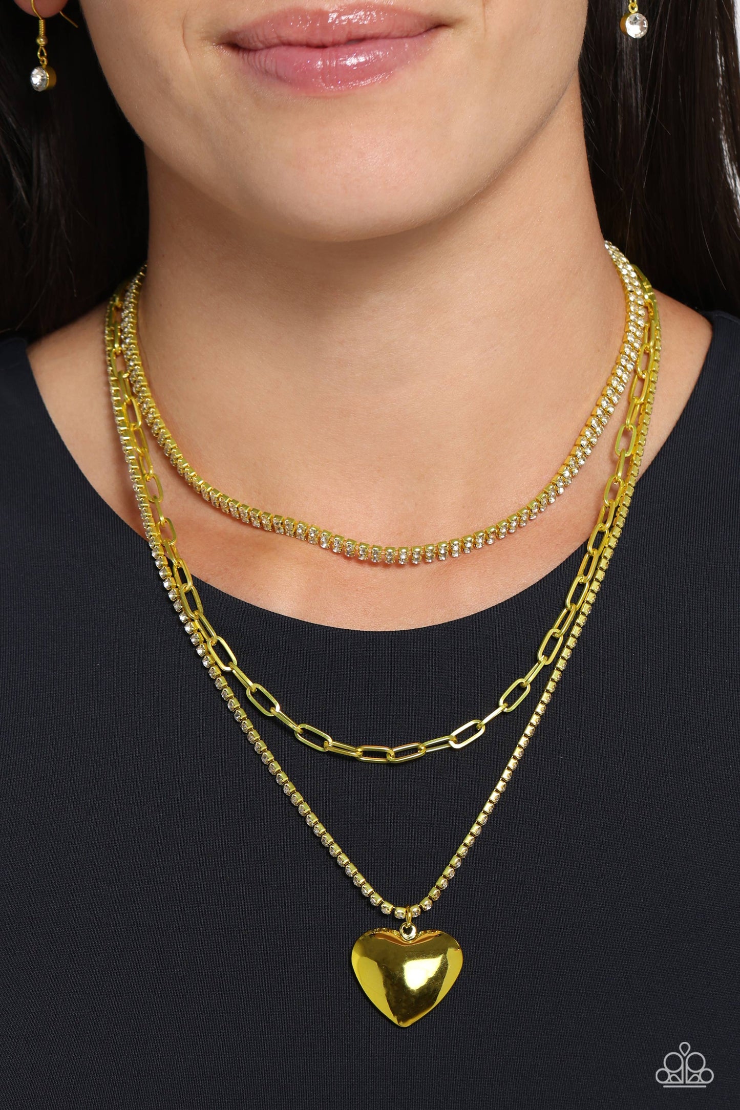 Caring Cascade - Yellow Metallic Chain/White Rhinestones/Yellow Heart Pendant Paparazzi Necklace & matching earrings