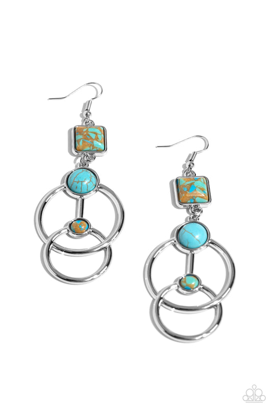 Interlocked Influence - Brown & Turquoise Marbled Stone/Silver Geometric Frames Paparazzi Earrings