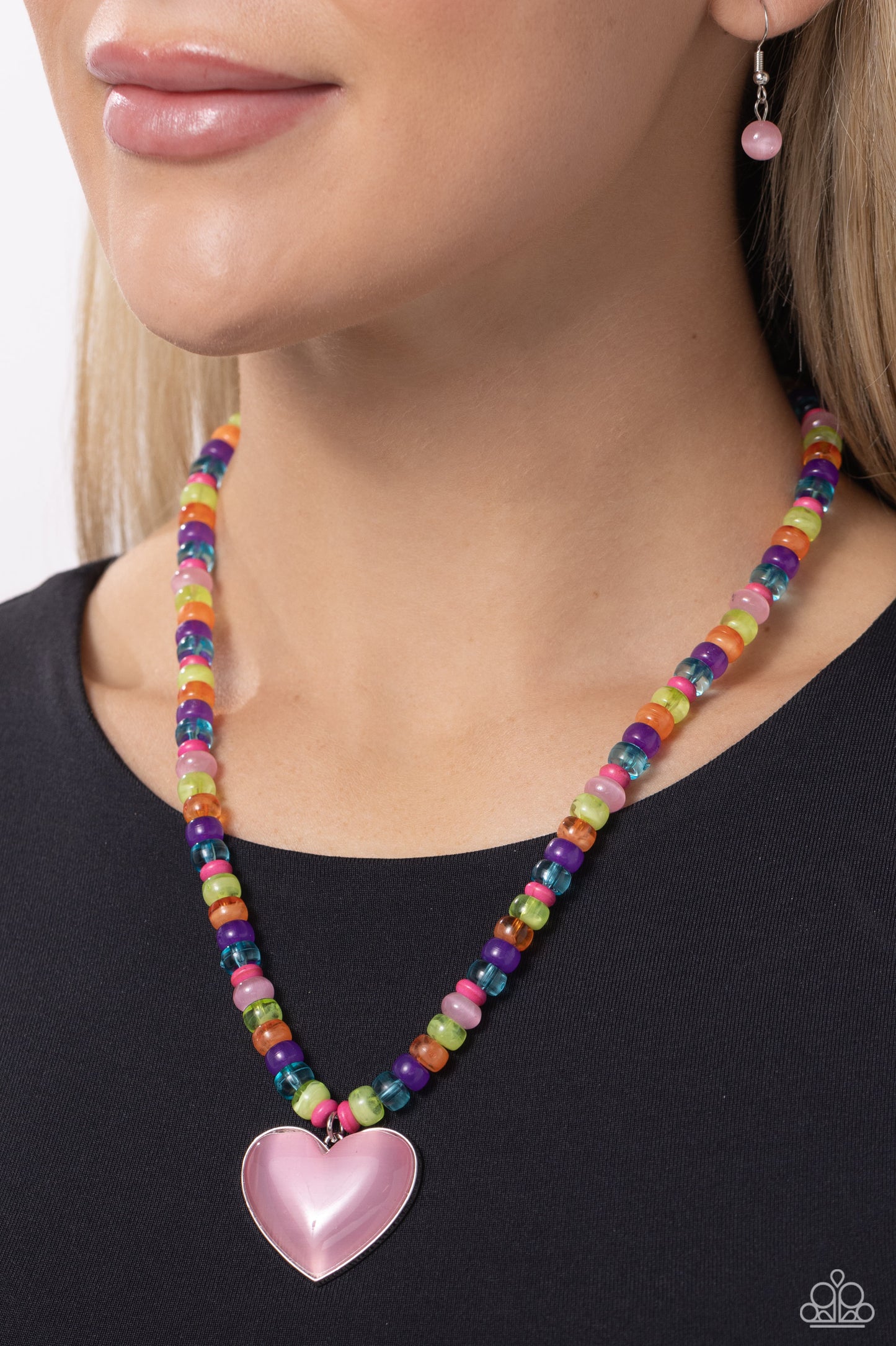 Desertscape Delight - Pink Cat's Eye Heart/Multicolored Beaded Paparazzi Necklace & matching earrings