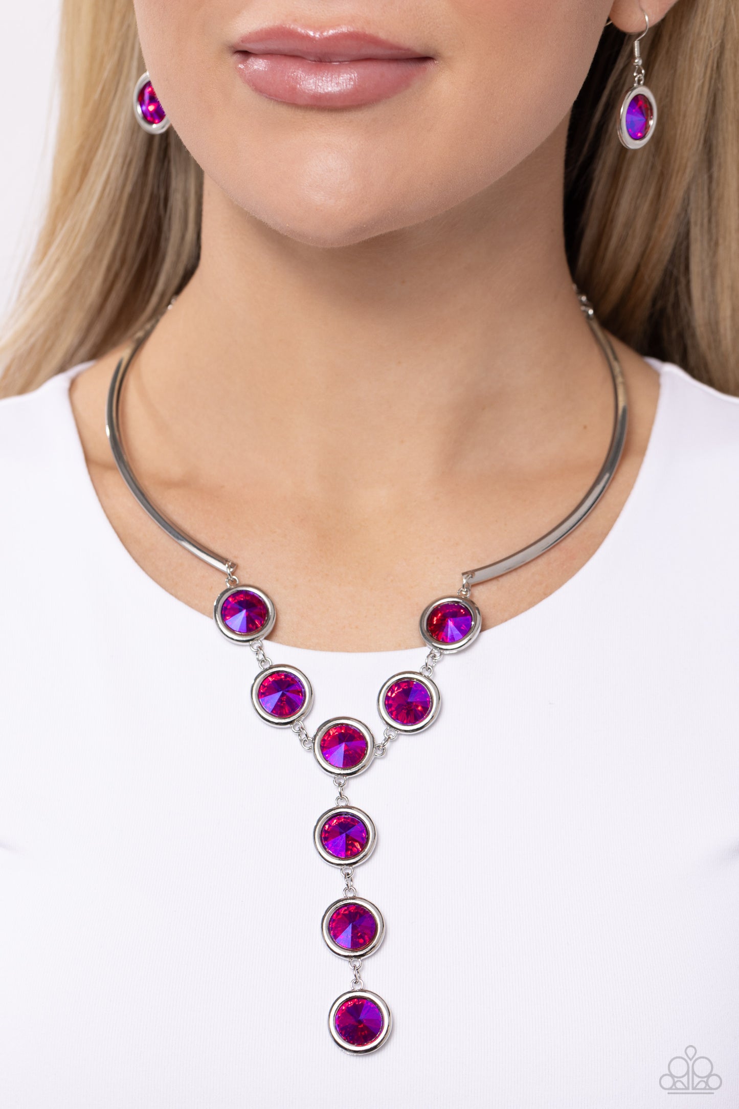 Cheers to Confidence - Pink UV Gems/Silver Curved Rods Paparazzi Necklace & matching earrings