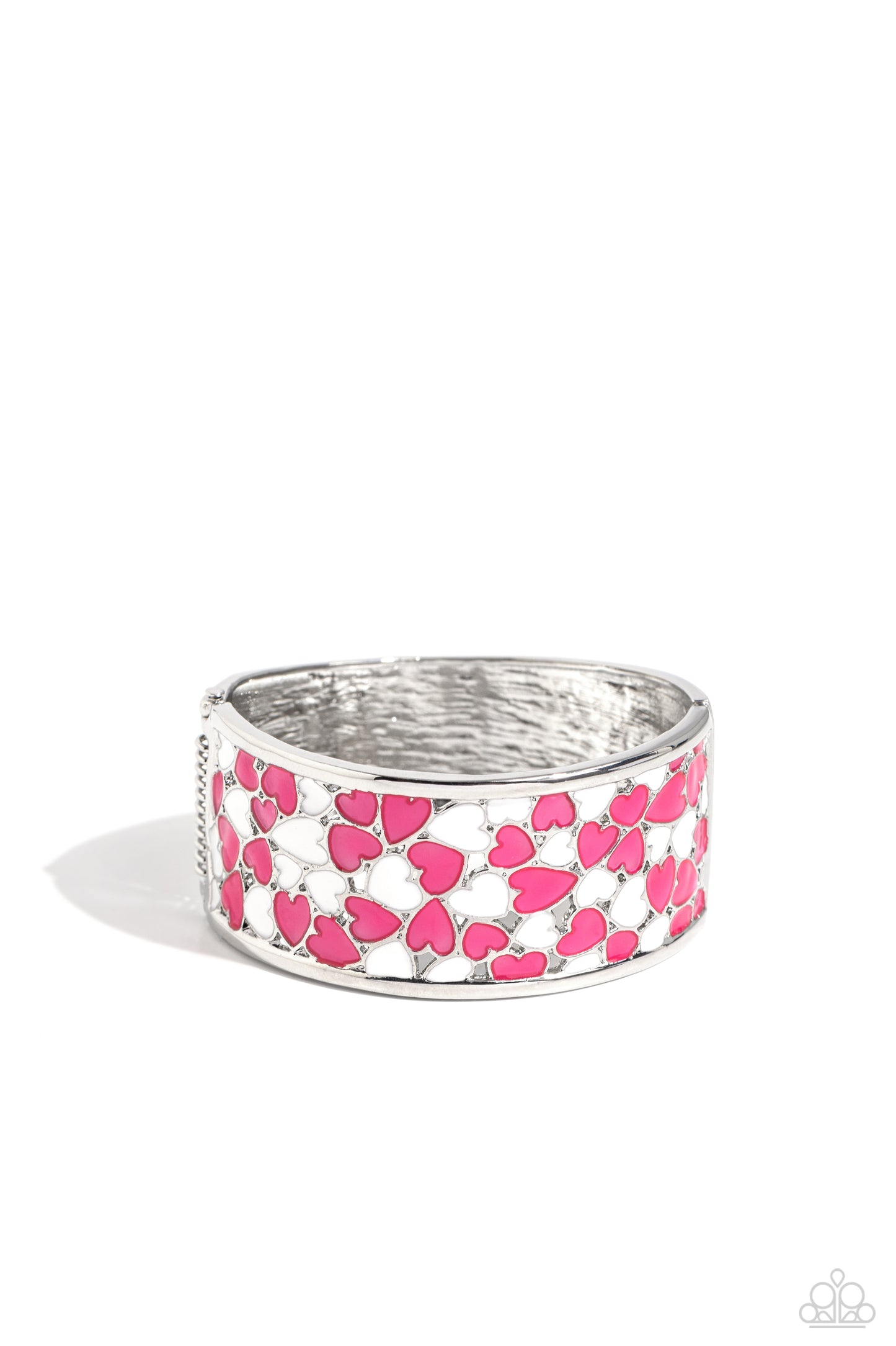 Penchant for Patterns - Pink & White Hearts/Wide Silver Band Paparazzi Hinge Bracelet