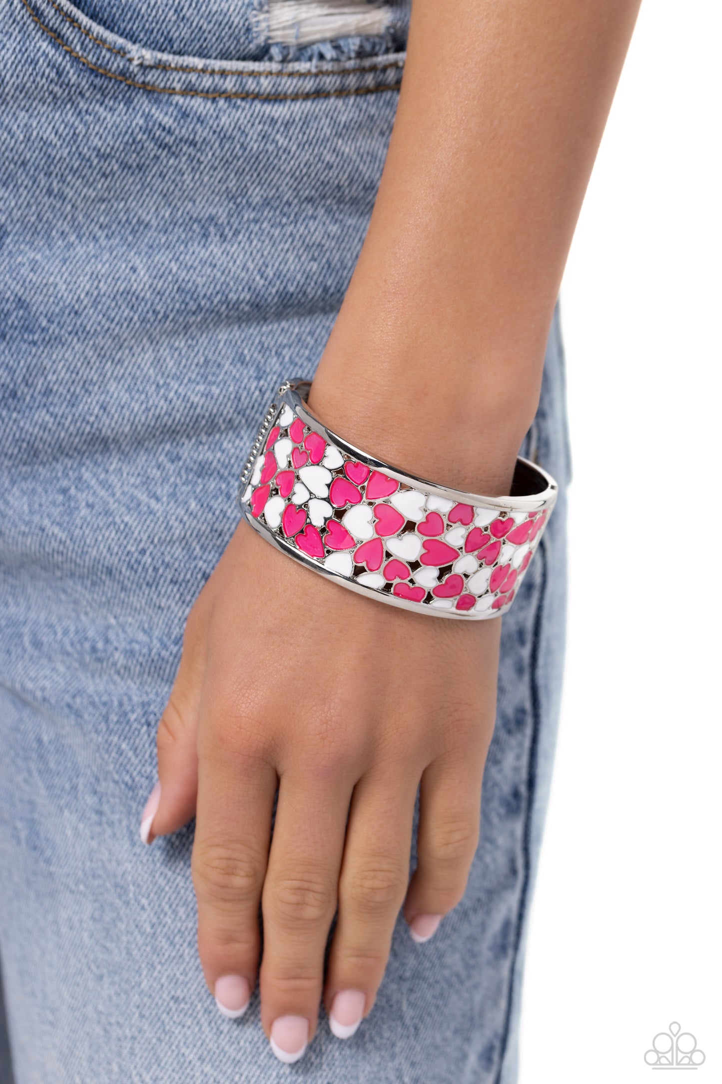 Penchant for Patterns - Pink & White Hearts/Wide Silver Band Paparazzi Hinge Bracelet