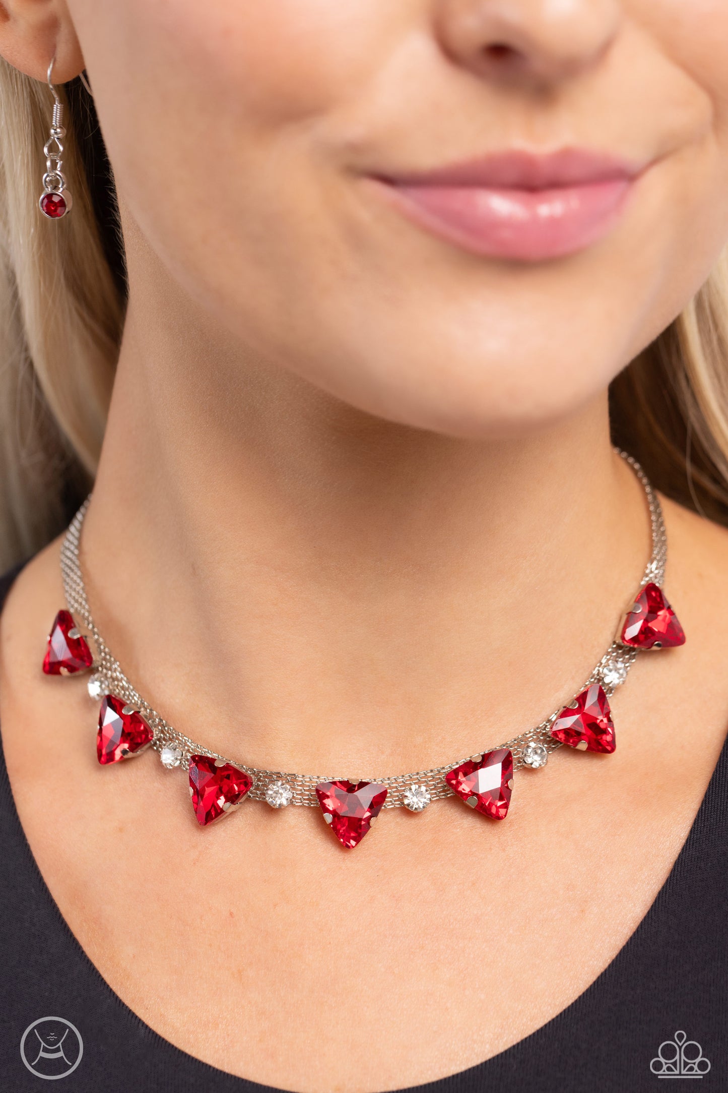 Strands of Sass - Red Triangular Gems/Dainty Chain Paparazzi Necklace & matching earrings