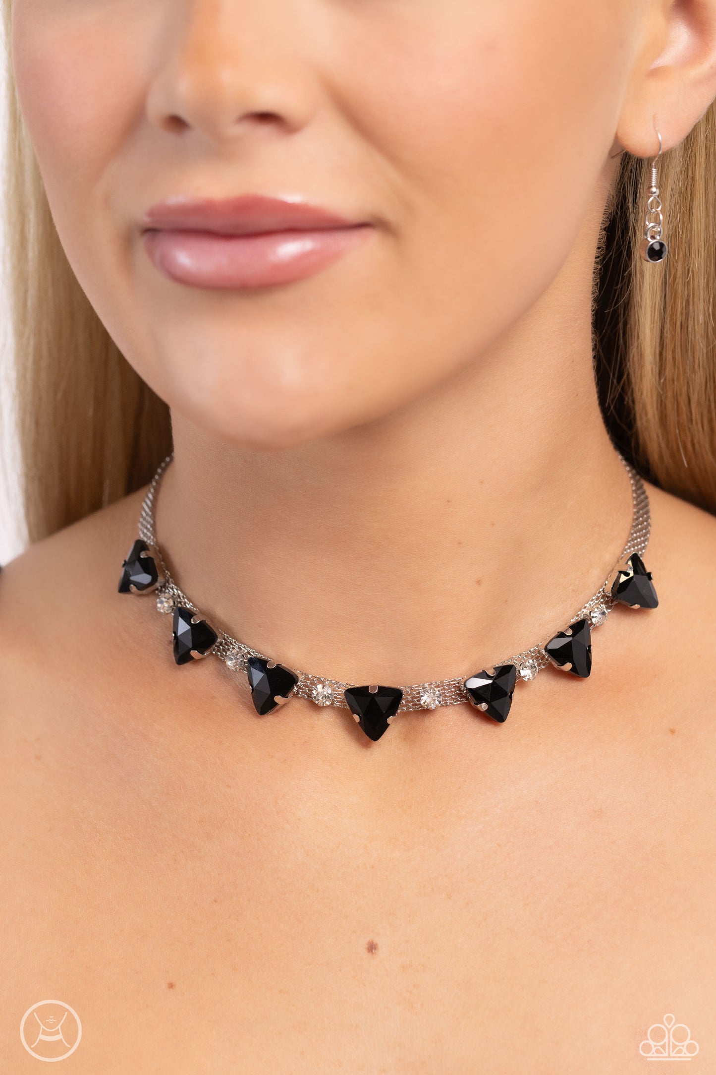 Strands of Sass - Black Gems/White Gems/Dainty Silver Chains Paparazzi Necklace & matching earrings