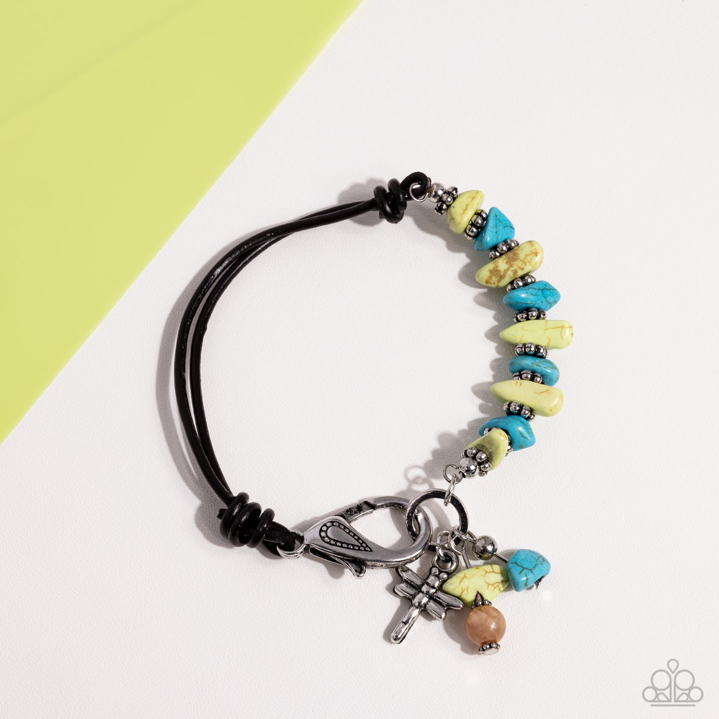 Daring Dragonfly - Green/Turquoise Stones, Silver Floral Beads, & Silver Dragonfly Charm Paparazzi Urban Bracelet