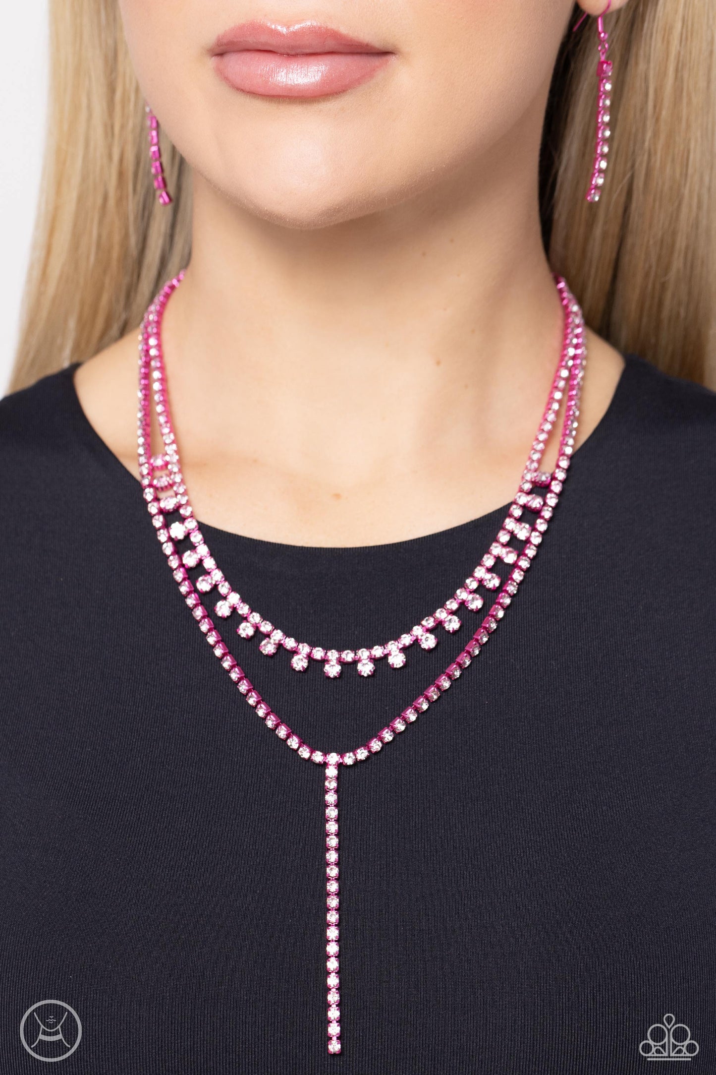 Champagne Night - Pink Metallic Fittings/White Rhinestones Paparazzi Necklace & matching earrings