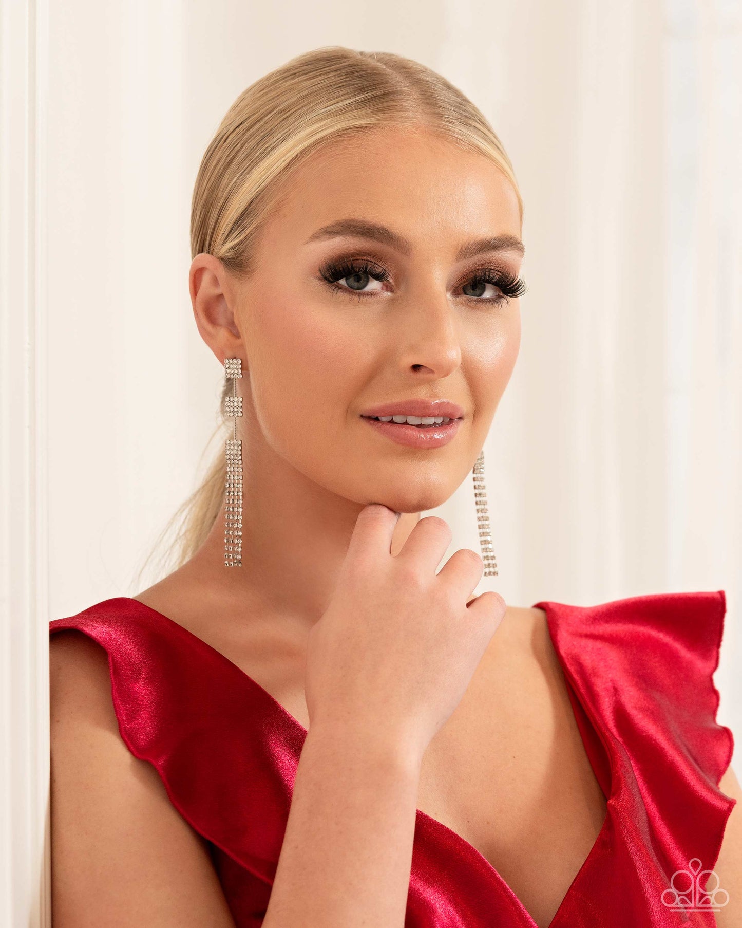 Fiercely Free-Falling - White Rhinestone Square Frames/White Rhinestone Tassels Paparazzi Earrings