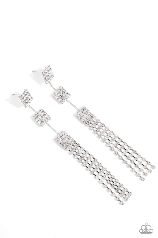 Fiercely Free-Falling - White Rhinestone Square Frames/White Rhinestone Tassels Paparazzi Earrings