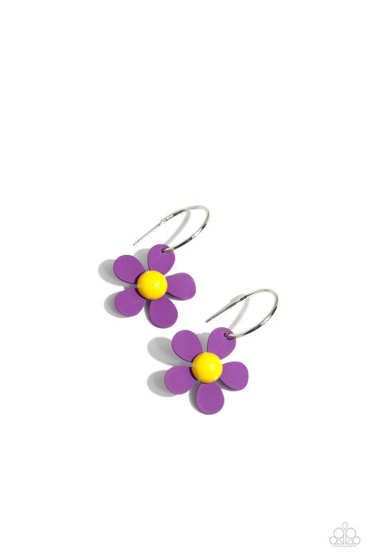 More FLOWER To You! - Purple Flower Petals/Yellow Center & Silver Hoop Paparazzi Earrings