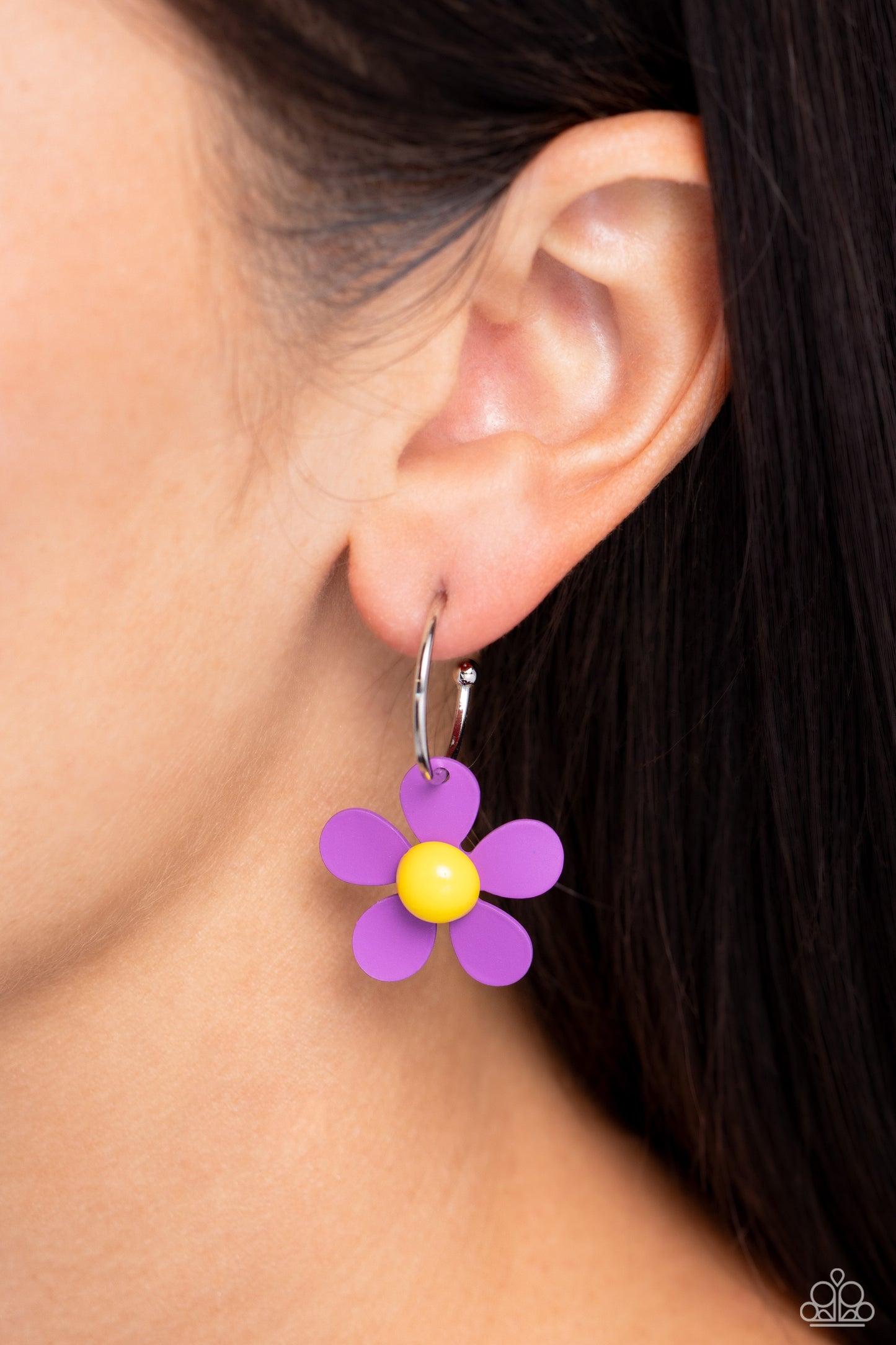 More FLOWER To You! - Purple Flower Petals/Yellow Center & Silver Hoop Paparazzi Earrings