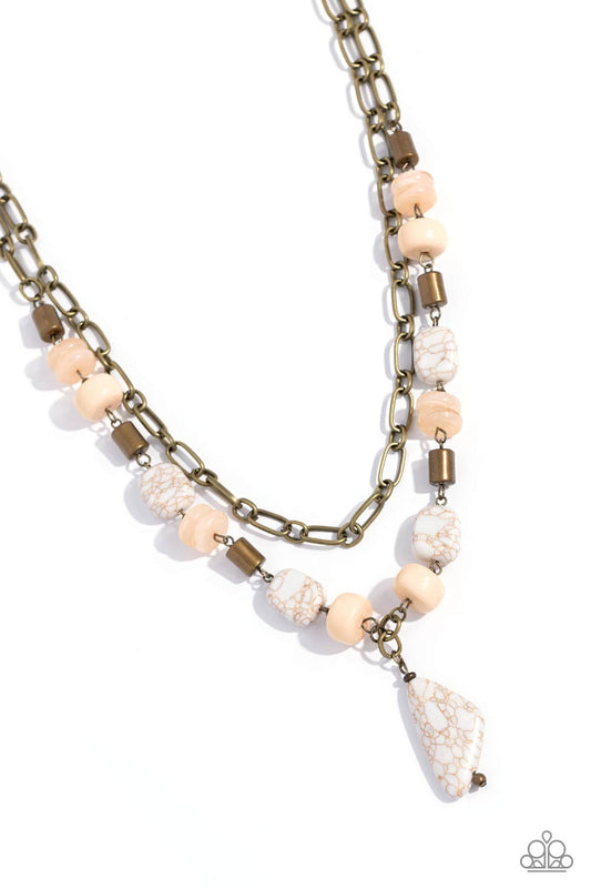 High-End Habitat - Brass Paperclip Chain/Tan Beads/White Stones Paparazzi Necklace & matching earrings