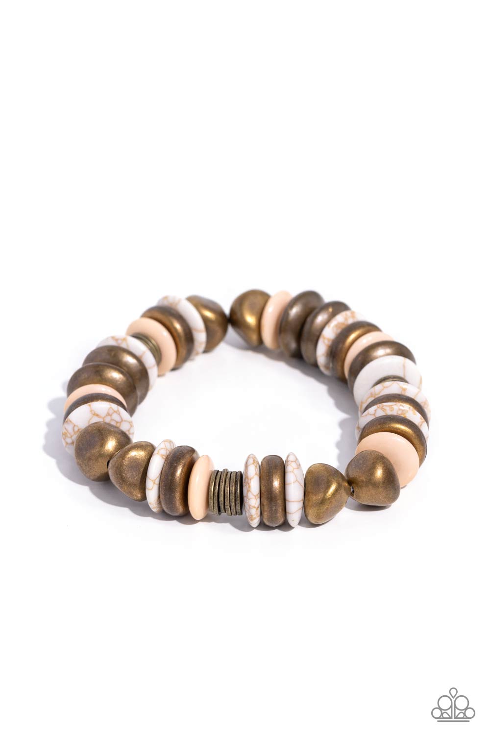 Harmoniously High-End - Brass Discs, White Stone Discs, & Tan Beaded Paparazzi Stretch Bracelet