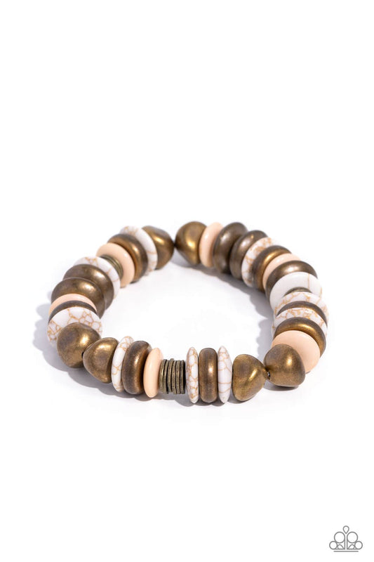 Harmoniously High-End - Brass Discs, White Stone Discs, & Tan Beaded Paparazzi Stretch Bracelet