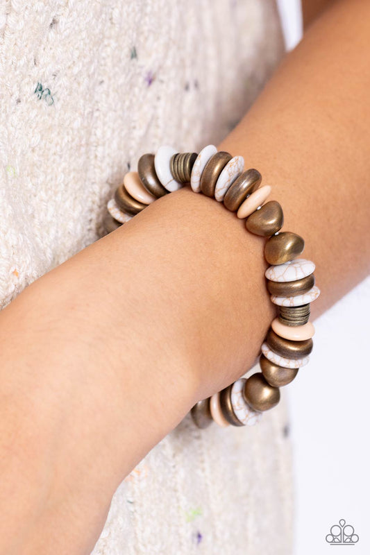 Harmoniously High-End - Brass Discs, White Stone Discs, & Tan Beaded Paparazzi Stretch Bracelet