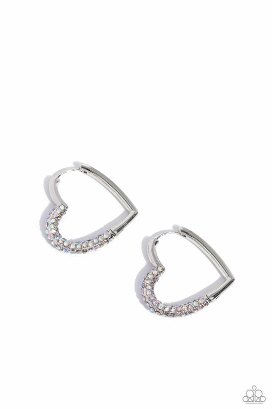 Be Mine, Valentine? - Multi Iridescent Rhinestones/Silver Heart Paparazzi Hinge Hoop Earrings