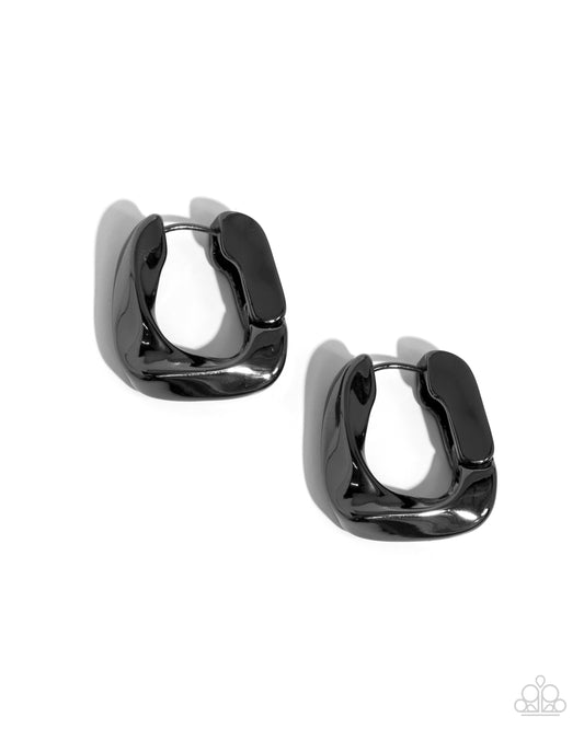 Asymmetric Advocate - Gunmetal Beveled Thick Paparazzi Hoop Earrings