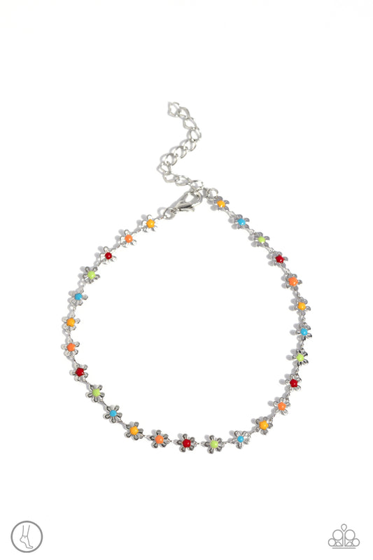 Familiar Florals - Multi Colored Beaded Centers/Silver Daisies Paparazzi Anklet