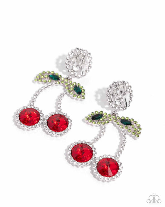 Cherry Picking - Red & Green Rhinestone Cherries Paparazzi Earrings