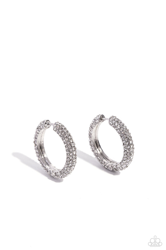 Glowing Praise - White Rhinestone Paparazzi Hinge Hoop Earrings