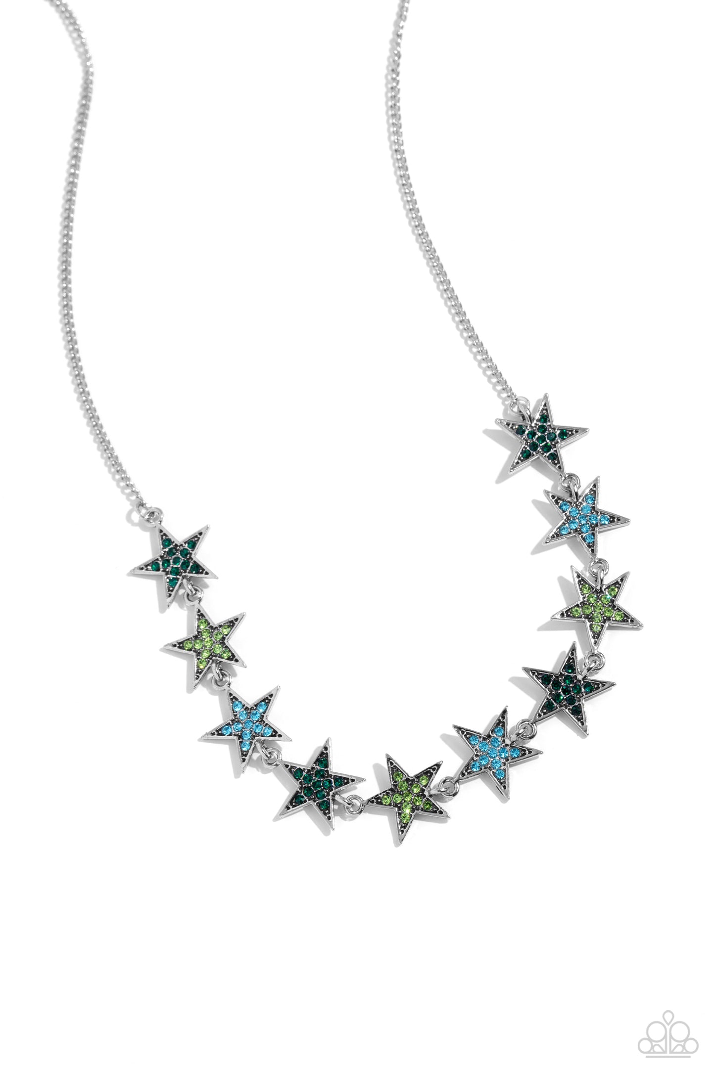 Star Quality Sensation - Green/Blue Rhinestone Encrusted Stars Paparazzi Necklace & matching earrings