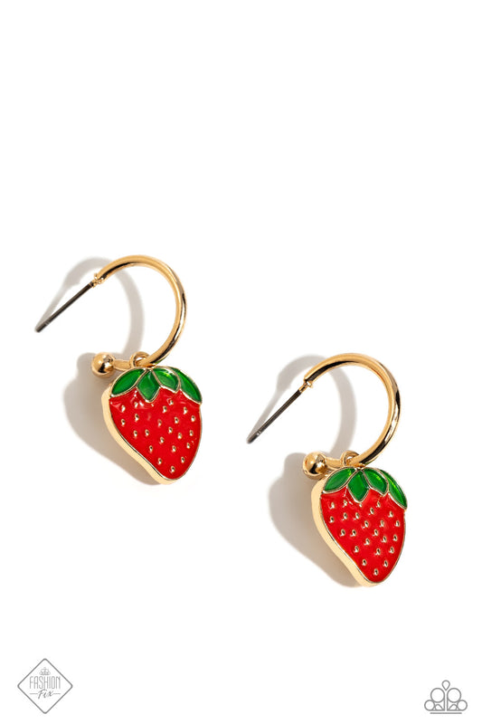 Fashionable Fruit - Gold Hoop & Strawberry Charm Paparazzi Earrings