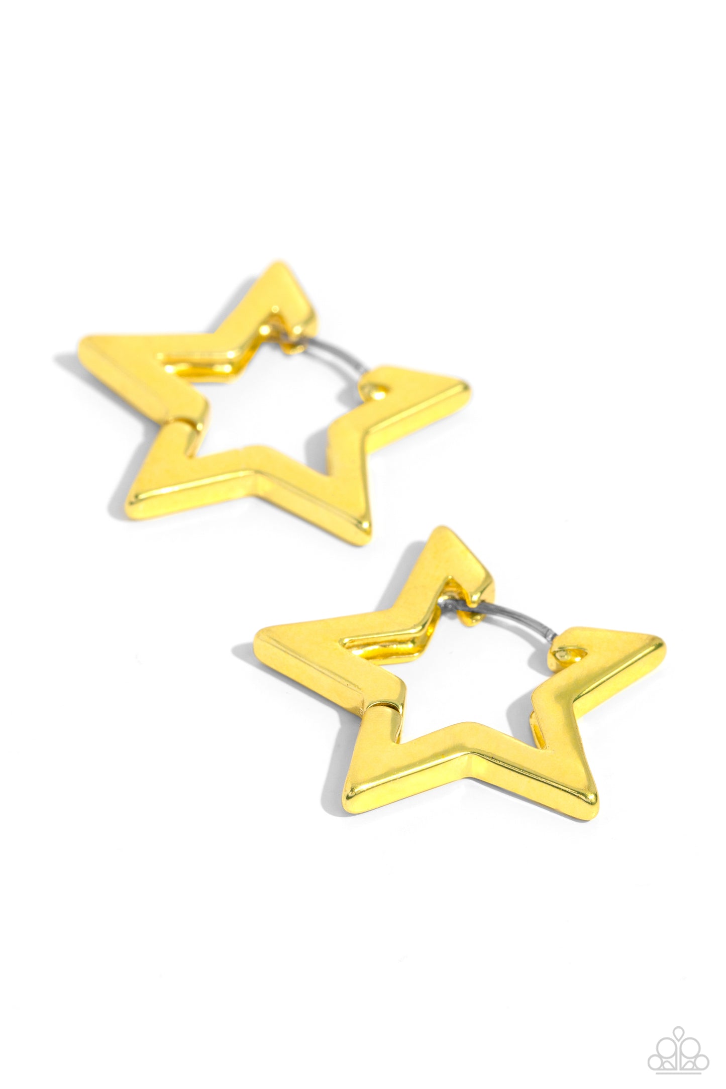 In A Galaxy STAR, STAR Away - Yellow Metallic Star Paparazzi Hoop Earrings