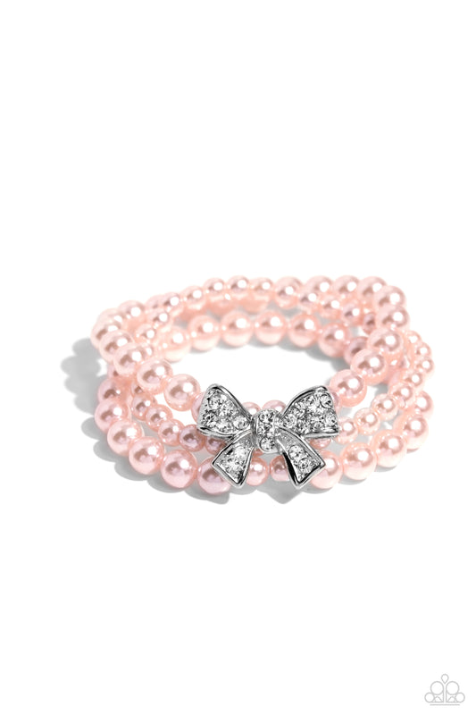 How Do You Do? - Pink Pearls & Rhinestone Encrusted Bow Paparazzi Stretch Bracelet