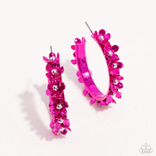 Fashionable Flower Crown - Pink Metallic Flowers Paparazzi Hoop Earrings