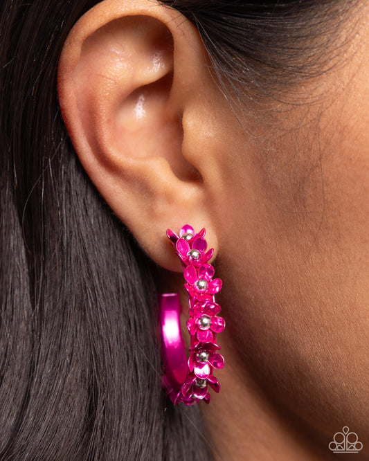 Fashionable Flower Crown - Pink Metallic Flowers Paparazzi Hoop Earrings