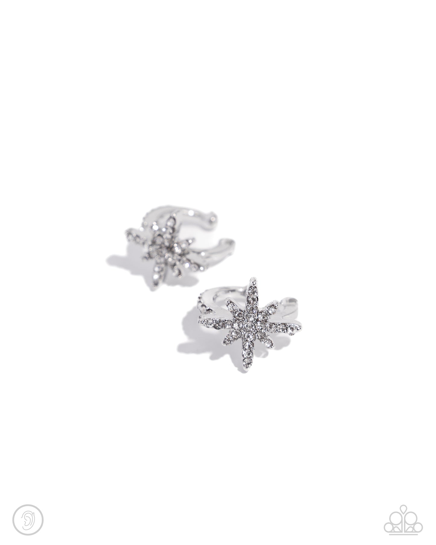 Cosmic Cuff - White Rhinestone/3-D Silver Star Paparazzi Ear Cuff Earrings