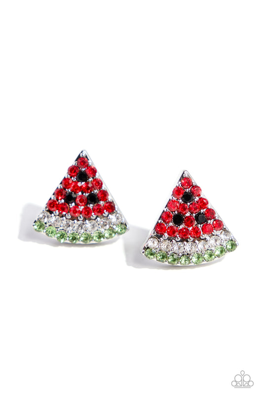 Watermelon Slice - Red, White, Black, Green Rhinestone Watermelon Slice Paparazzi Post Earrings