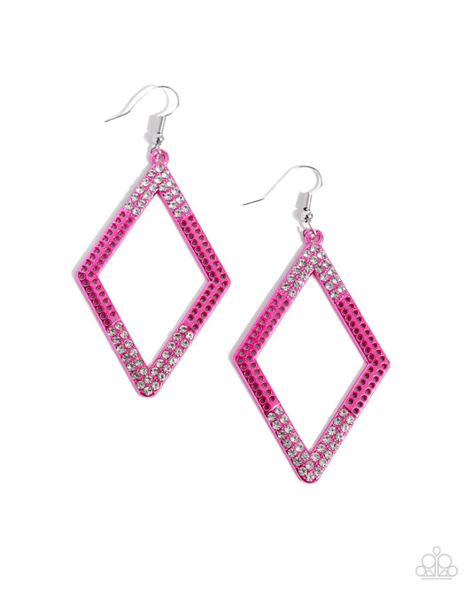 Eloquently Edgy - Pink Metallic Diamond Shape Frame/Dainty White Rhinestones Paparazzi Earrings