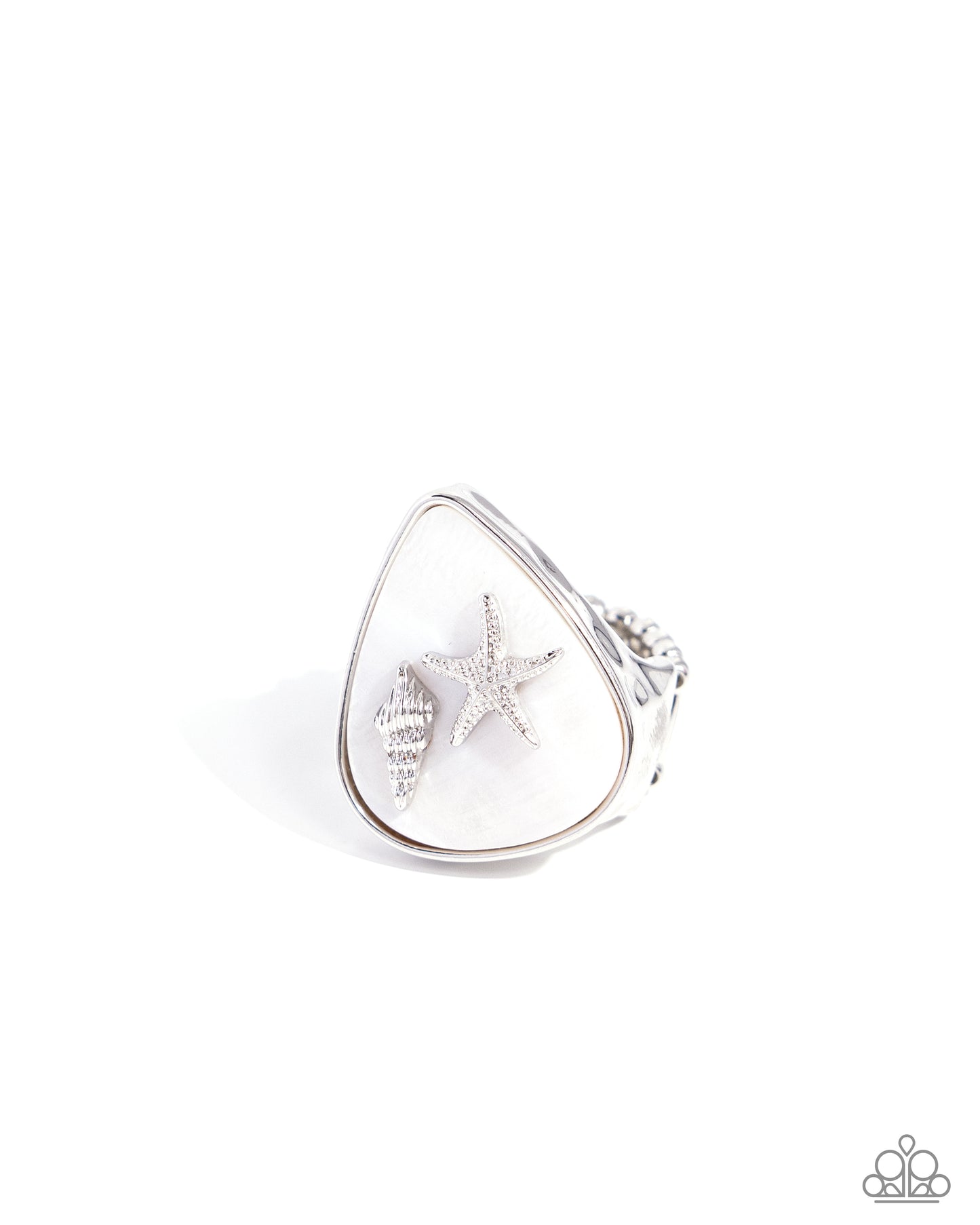 Seaside Serendipity - White Triangular Shell, Silver Starfish, & Silver Seashell Paparazzi Ring