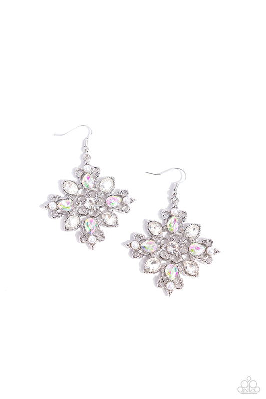 Fancy-Free Florals - White Pearls, UV Shimmer, White Teardrop Gems Paparazzi Earrings