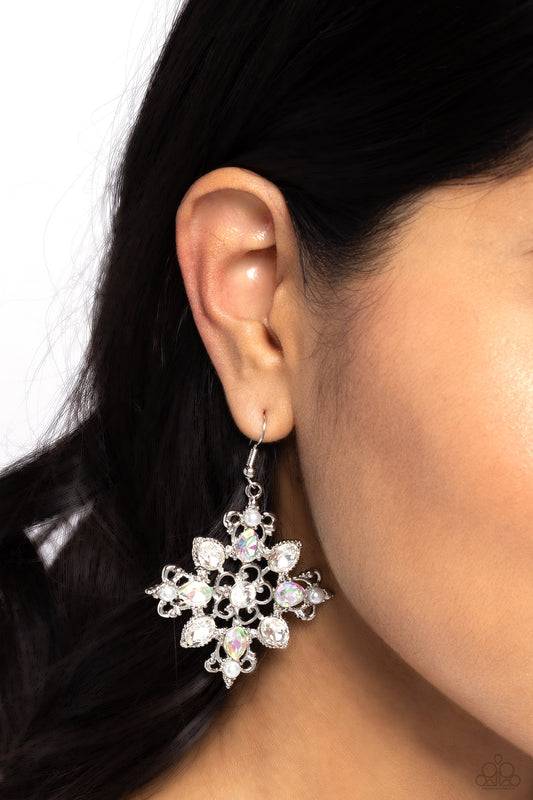Fancy-Free Florals - White Pearls, UV Shimmer, White Teardrop Gems Paparazzi Earrings