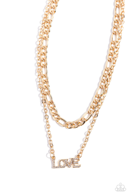Lovely Layers - Gold "LOVE" Pendant/Mismatched Chain Paparazzi Necklace & matching earrings