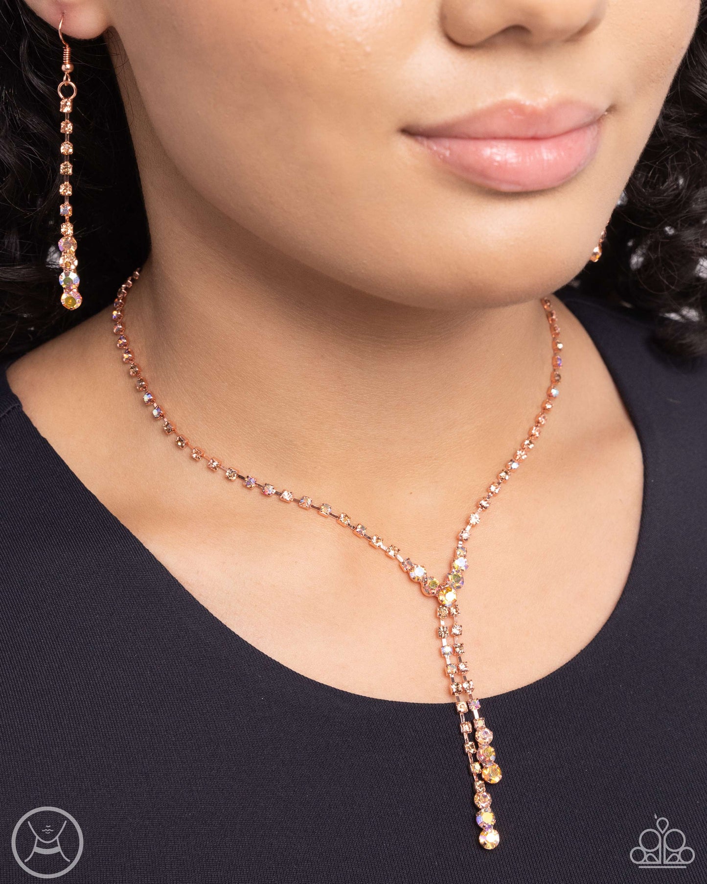 Blinding Balance - Copper Fittings/Peach, Topaz, Iridescent Rhinestone Paparazzi Necklace & matching earrings