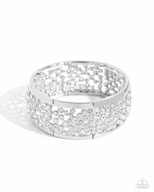 Subtly Scattered - White Rhinestones & Curved Silver Bars Paparazzi Stretch Bracelet