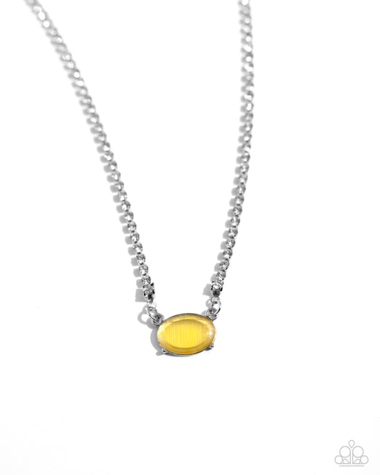 Dynamic Delicacy - Yellow Cat's Eye Bead/White Rhinestone Chain Paparazzi Necklace & matching earrings