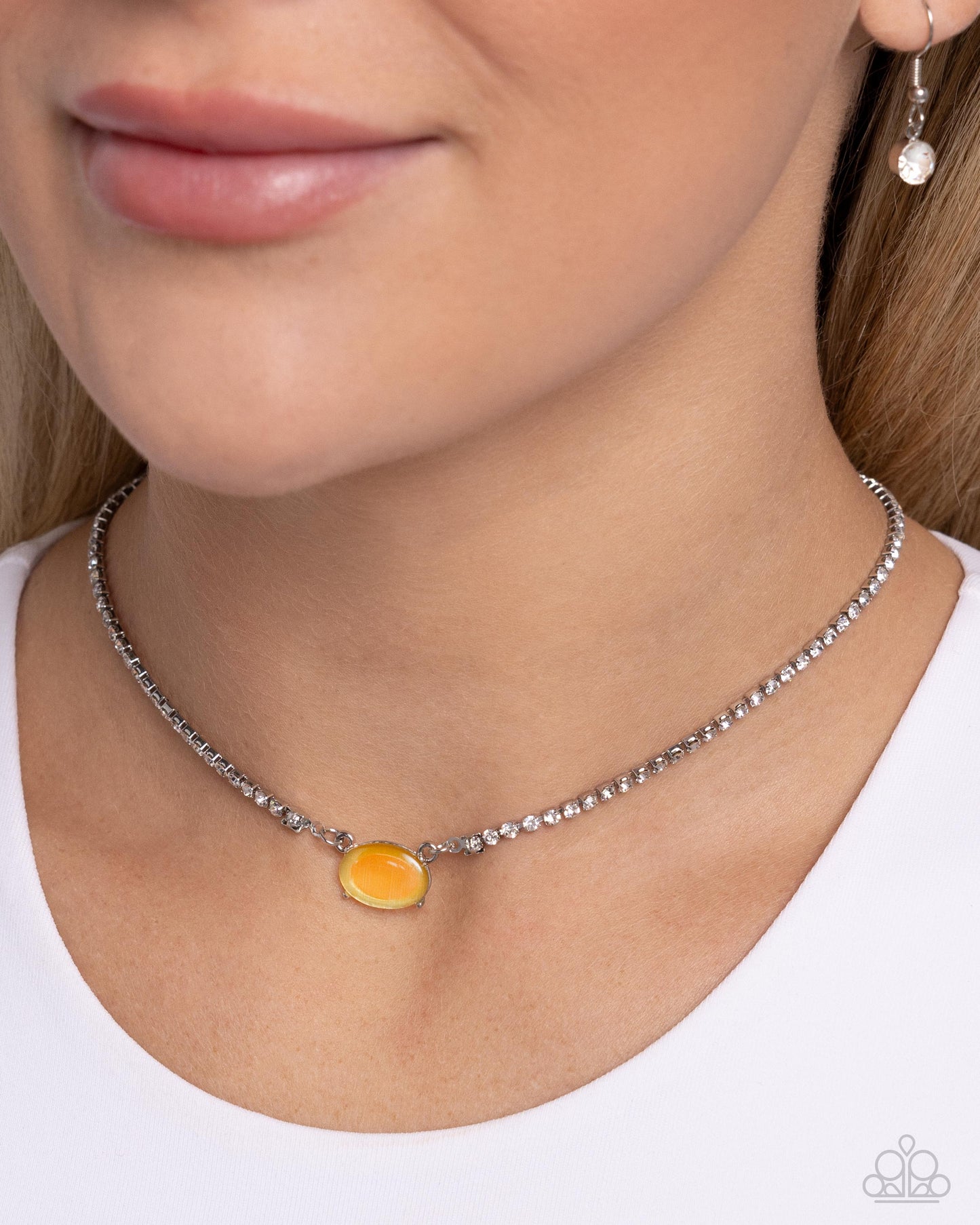 Dynamic Delicacy - Yellow Cat's Eye Bead/White Rhinestone Chain Paparazzi Necklace & matching earrings