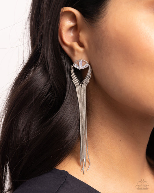 Elongated Effervescence - White Gems & Silver Dainty Chain Tassels Paparazzi Earrings