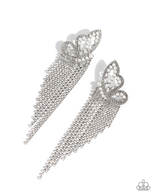 Aerial Accent - White Rhinestones & White Pearls Paparazzi Butterfly Post Earrings
