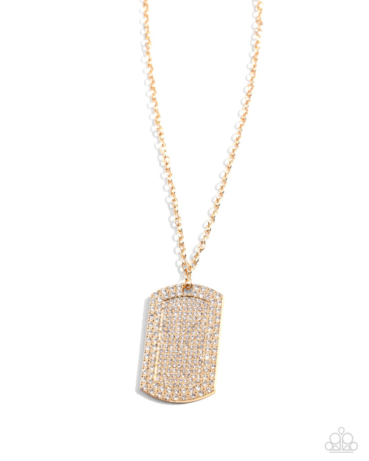 Animated Army - Gold/White Rhinestone Army Tag Inspired Pendant Paparazzi Urban Necklace