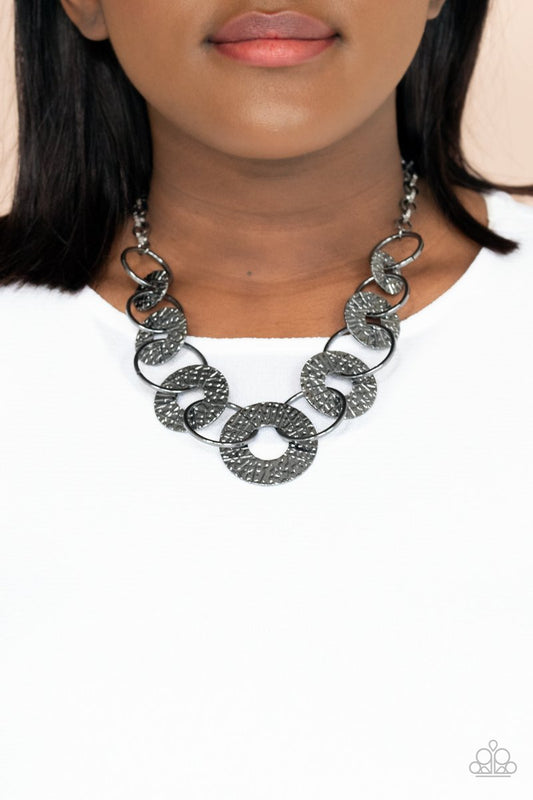 Industrial Envy - Gunmetal Rings & Abstract Hammered Disc Paparazzi Necklace & matching earrings