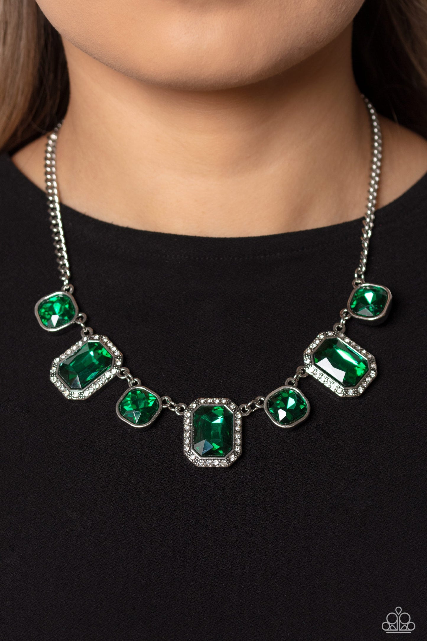 Royal Rumble - Green Gems & White Rhinestone Paparazzi Necklace & matching earrings