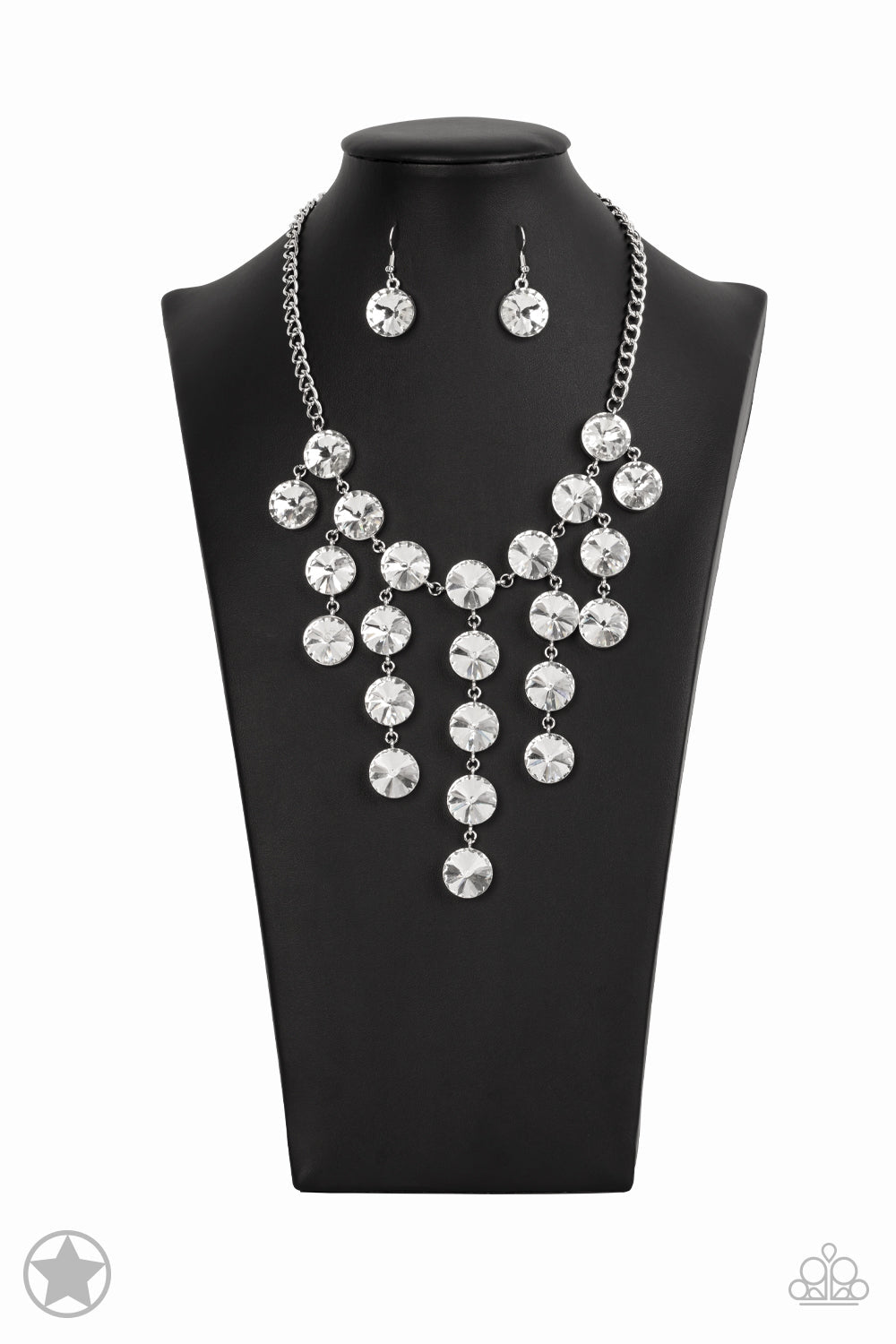 Spotlight Stunner - White Oversized Rhinestone Tassel Paparazzi Necklace & matching earrings