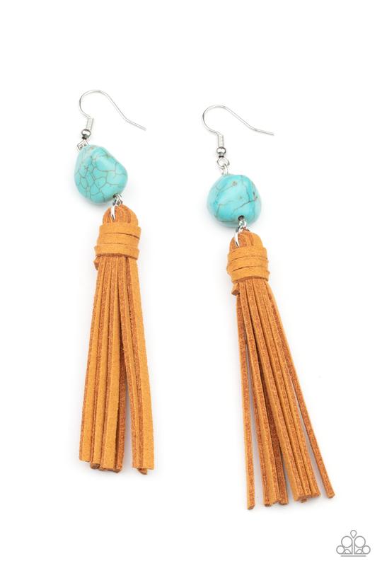 All-Natural Allure - Blue/Turquoise Stone & Brown Suede Tassel Paparazzi Earrings