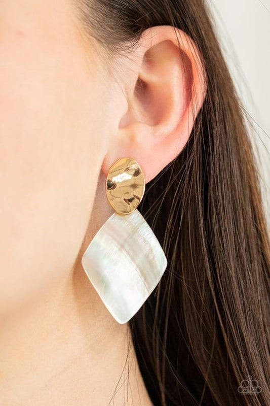 Alluringly Lustrous - Gold Hammered Oval & Iridescent Shell-Like Frame Paparazzi Earrings