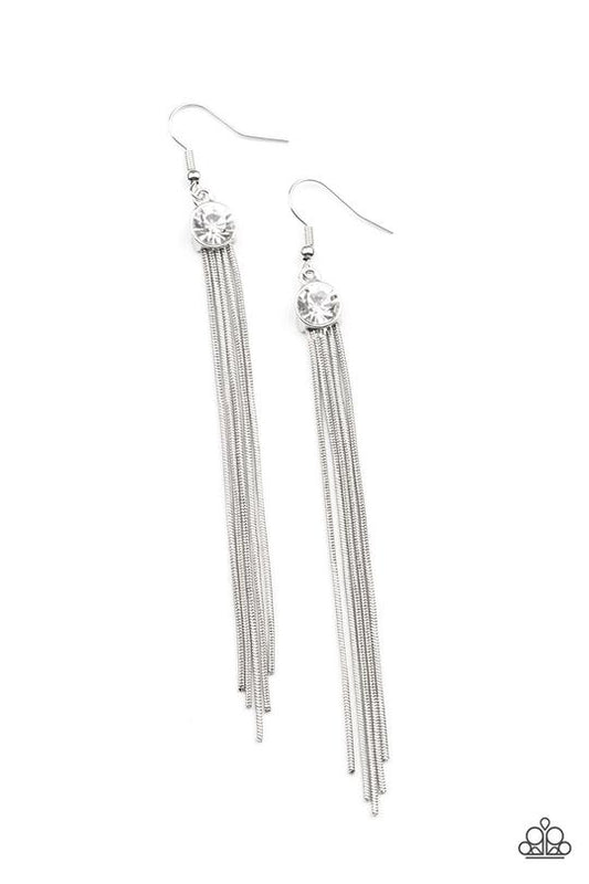 Always In Motion - White Rhinestone/Silver Snake-Like Chain Paparazzi Earrings