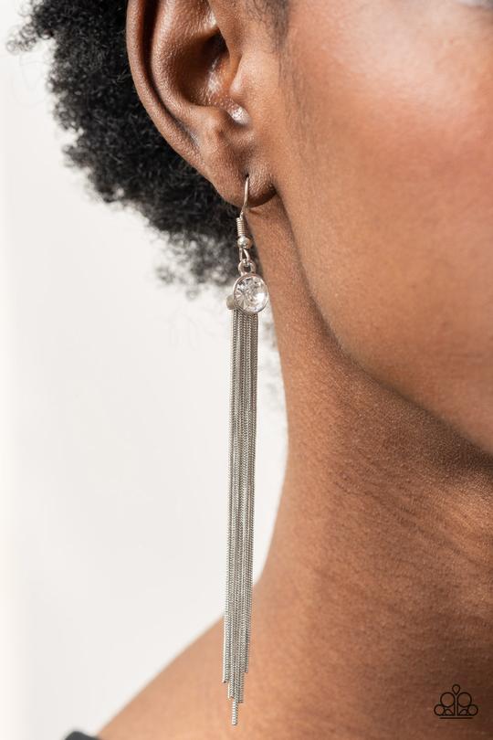 Always In Motion - White Rhinestone/Silver Snake-Like Chain Paparazzi Earrings